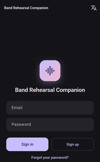 The Band Companion sign-in screen, with the app icon and the email and password fields