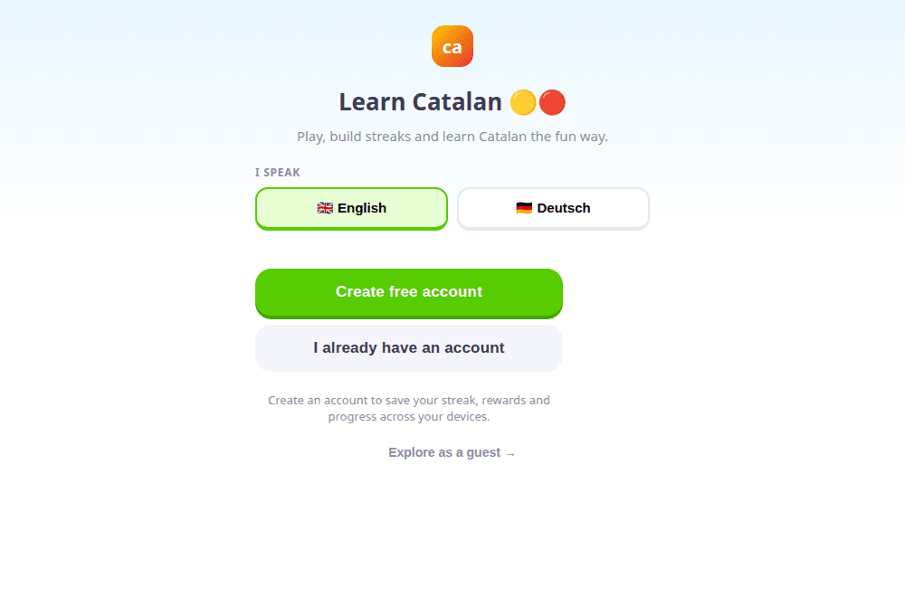 Pantalla d’inici de Learn Catalan amb la selecció d’idioma de partida