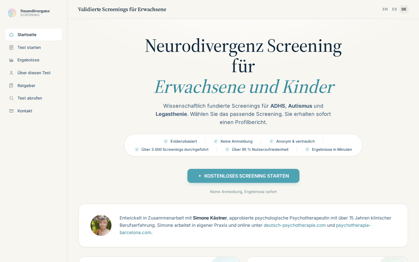 Pàgina d’inici de Neurodivergence Screening en alemany