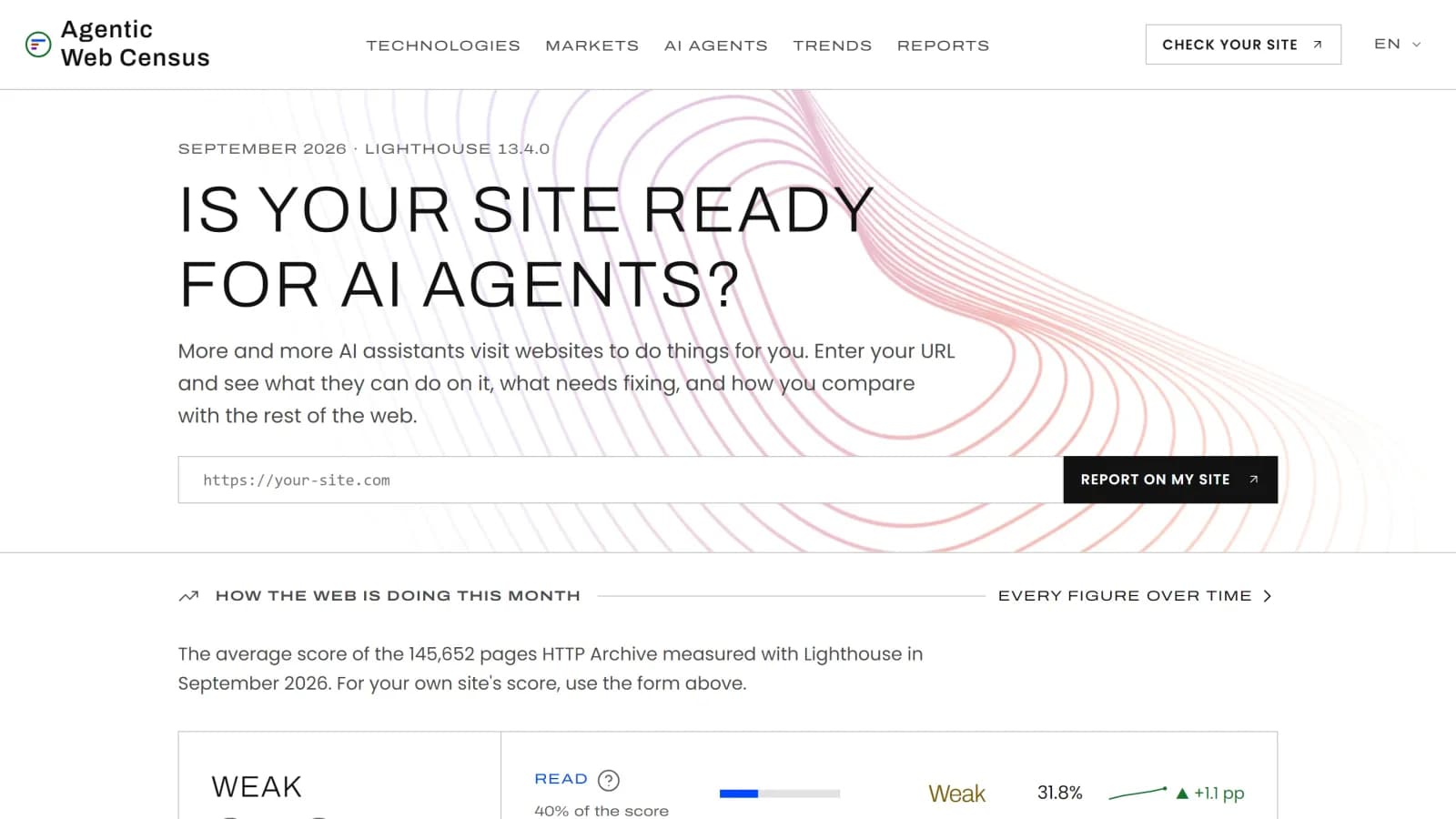 Agentic Web Census: la portada, amb el formulari per mesurar el teu web i la nota de tot el web aquest mes