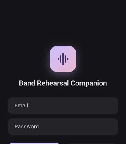 Pantalla d’entrada de Band Companion, amb la icona de l’app i els camps de correu i contrasenya