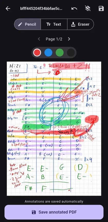 A sheet-music PDF annotated by hand with coloured pencils inside the app