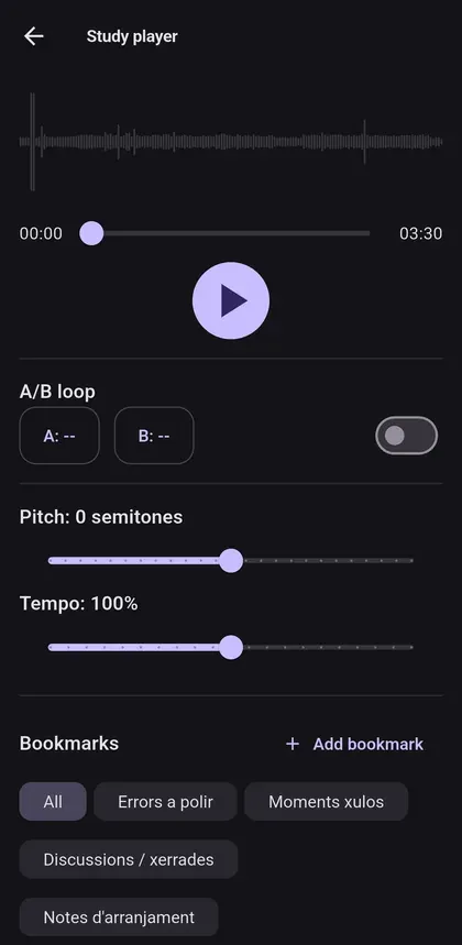 The study player with the waveform, the A/B loop, the pitch and tempo controls and the markers by category