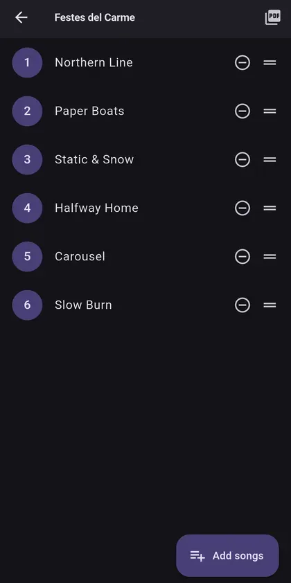 Setlist d’un bolo amb les cançons numerades en l’ordre que es toquen i les nanses per arrossegar-les