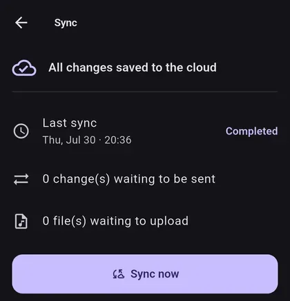 The sync screen: changes waiting to be sent and files waiting to be uploaded