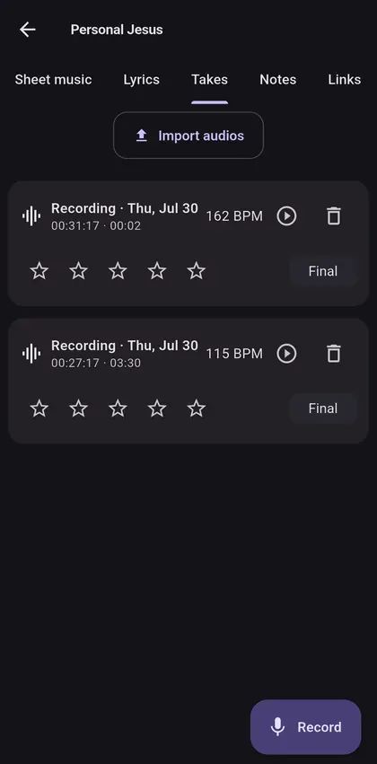 A song’s takes with the date, the length, the detected BPM, the star rating and the “Final” button