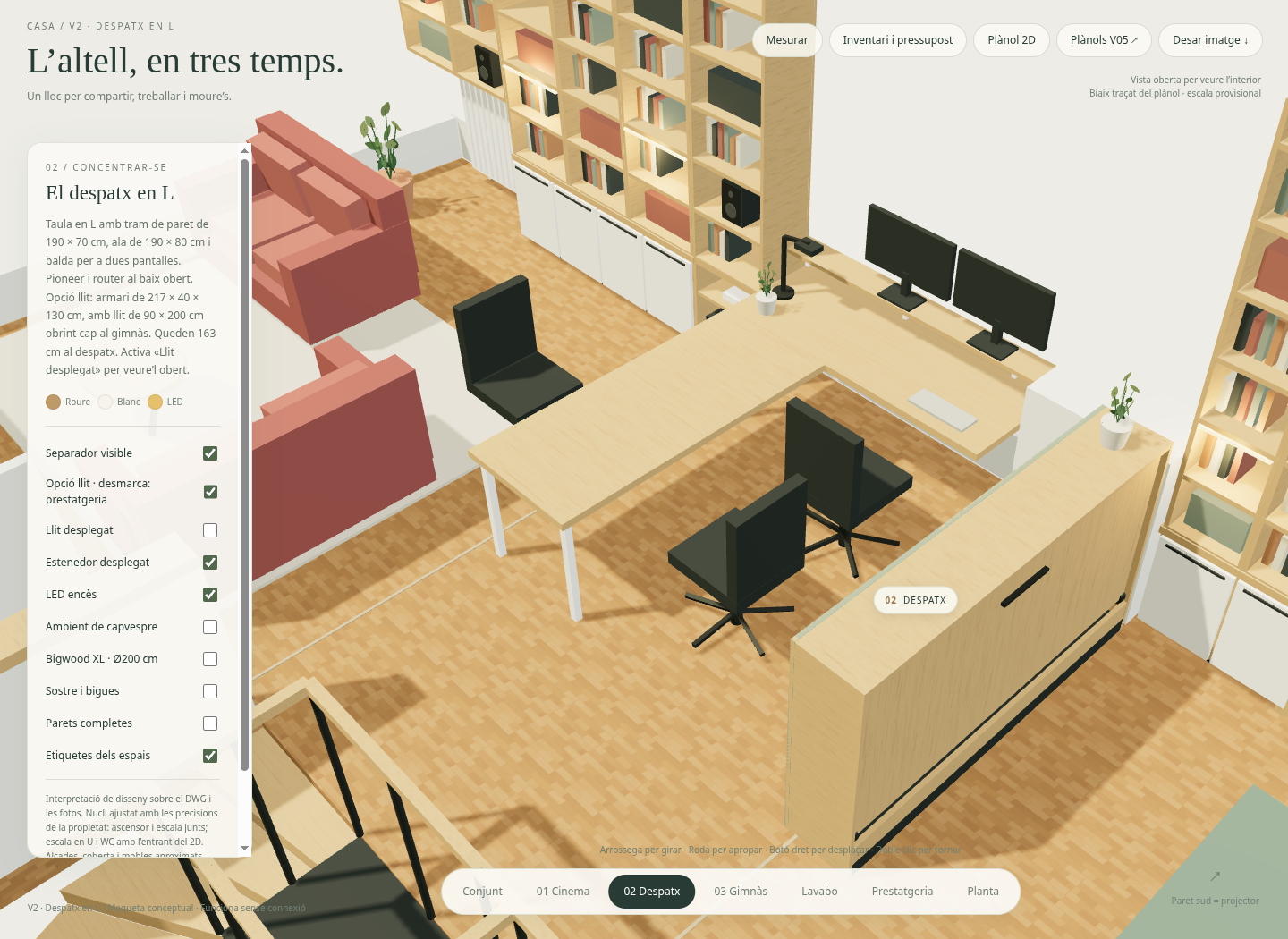 Despatx en L amb taula i prestatgeria, dins el configurador 3D